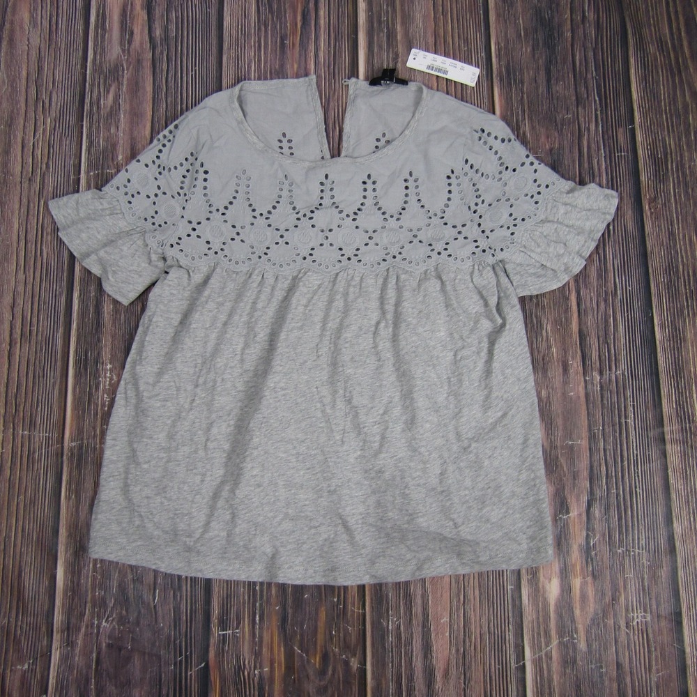 J.Crew Shirt Womens XXS Heather Gray Eyelet Lace Yoke Short Sleeve Keyhole